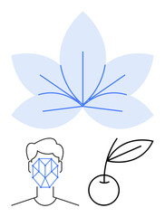 Facial recognition pattern on head outline, cherry with stem and leaf, floral leaf-thumbs up overlapped shape. Ideal for technology, nature, health, identity, food, sustainability growth themes