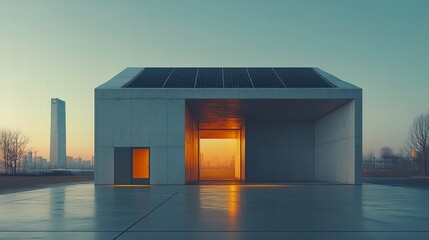 Modern Home with Solar Panels: A sleek, minimalist modern home equipped with solar panels on its roof, capturing the essence of sustainable living with a focus on eco-friendly design.