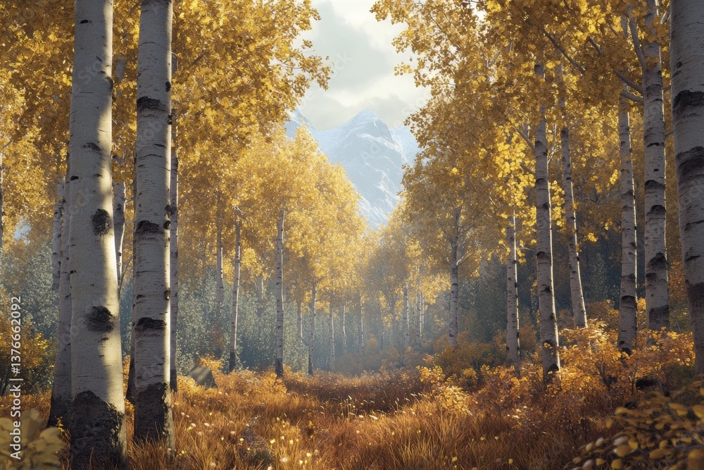Poster exploring a serene aspen tree forest during autumn near majestic mountains in the distance with vibr