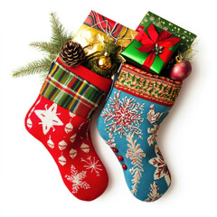 Two christmas stockings filled with gifts and ornaments on a white background in a festive setting
