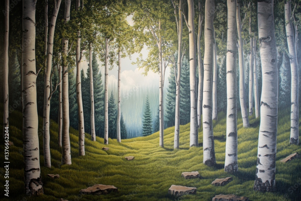 Poster explore the tranquility of a serene aspen tree forest with vibrant foliage and soft sunlight filteri