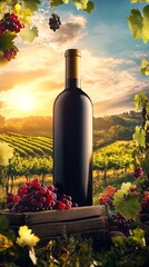Fototapeta premium A beautiful sunset glows over a picturesque vineyard, featuring a wine bottle surrounded by fresh grapes