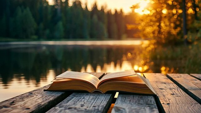 A magical book on a dock by a serene lake at sunset