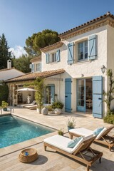 Fototapeta premium Elegant Villa With Pool Under a Bright Blue Sky Generative AI