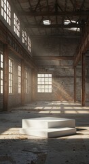 Modern product display podium in an abandoned warehouse setting with natural sunlight