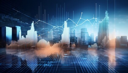 background for a financial or business concept digital screen and financial graphs overlap on a picture of modernistic cityscape