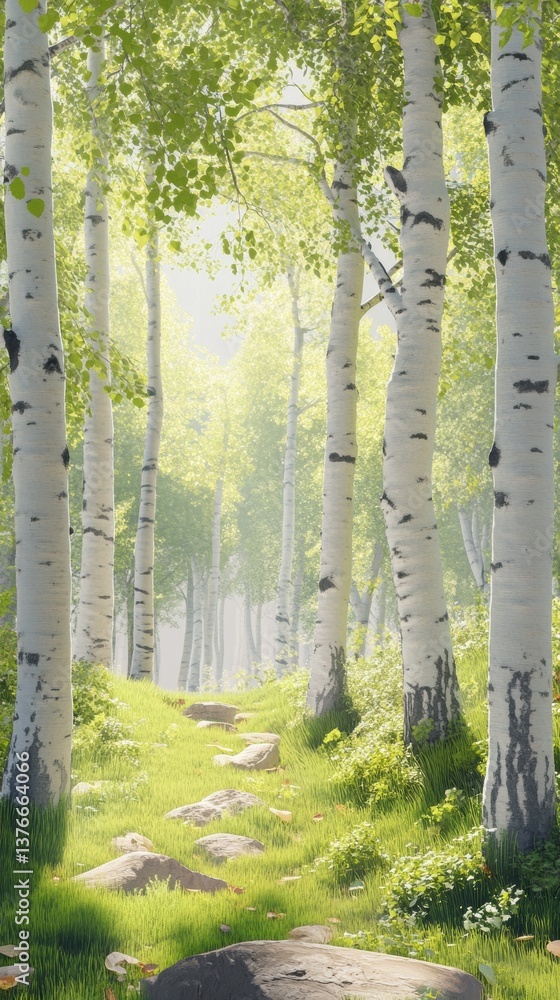 Poster explore the serenity of an aspen tree forest illuminated by soft sunlight on a tranquil summer day g