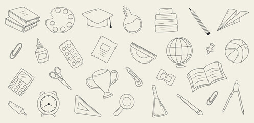 A set of hand-drawn school supplies icons. Vector illustration