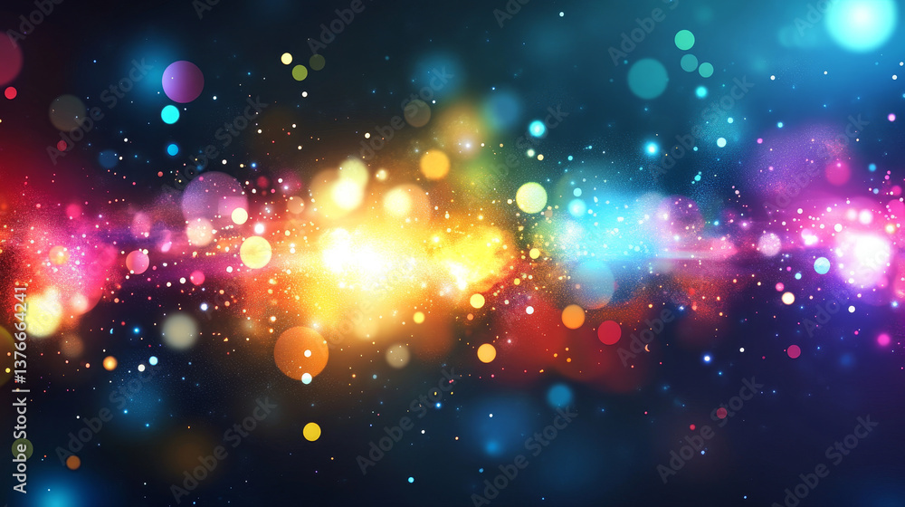 Poster spectacular multicolored illustration with particles and rays. background design abstract forms and 