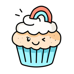 Cute cartoon cupcake with a rainbow and playful expression, ideal for children's parties, bakery themes, and festive celebrations, vibrant design