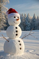 Fototapeta premium Snowman Wearing a Hat Stands in a Winter Landscape Generative AI