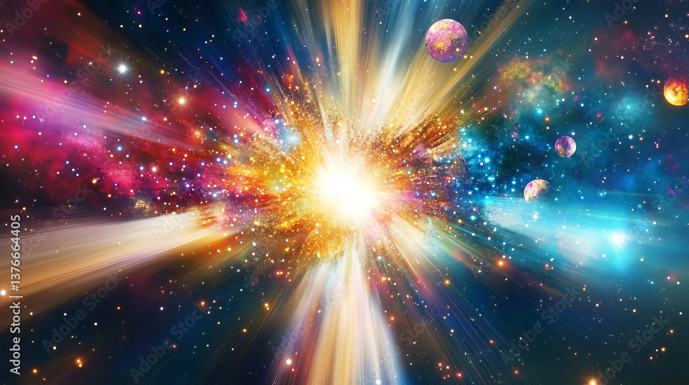 Poster spectacular multicolored illustration with particles and rays. background design abstract forms and 