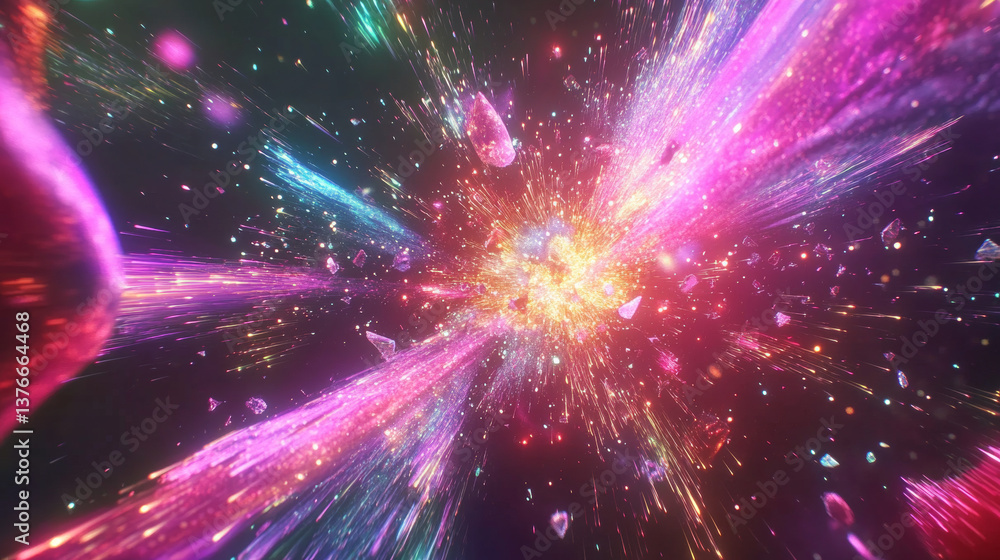 Poster spectacular multicolored illustration with particles and rays. background design abstract forms and 