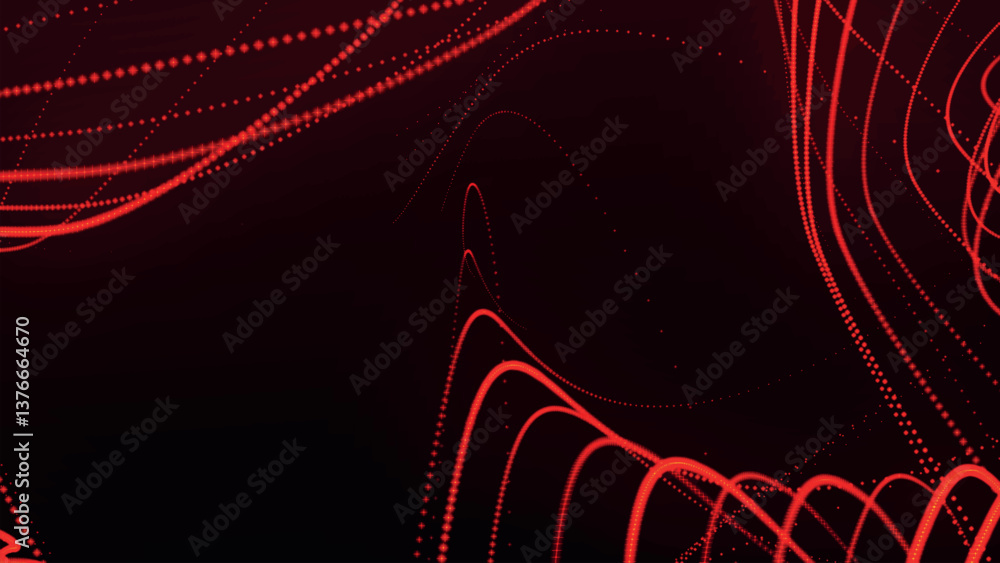 Poster dynamic wave of glowing particles. abstract dotted lines on dark background. chaotic colored lines. 