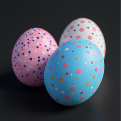 a close up frome three diffrend easter eggs. all are colorful painted and a black background