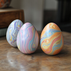 close up three easter eggs on a taple with blured background ready to hide them outside. colorful easter eggs.