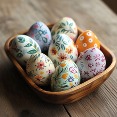 a lot of easter eggs in a wooden basket on a wooden table the eggs are painted like flowers
