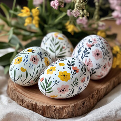 four easter eggs on wood with flowers in the background all lie on a table. blured background. the easter eggs are painted with flowers