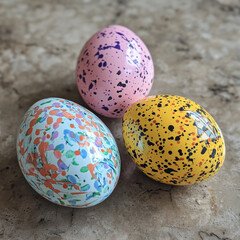 close up three easter eggs on a taple with blured background ready to hide them outside. colorful easter eggs.
