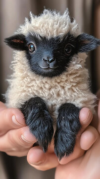 A pair of hands holding an adorable baby Valais Blacknose sheep