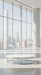 Elegant marble podium in modern skyscraper lobby with stunning city view backdrop