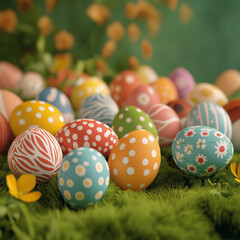 a lot of easter eggs outside in the grass with a lot of flowers in the background. all the easter eggs are diffrend painted