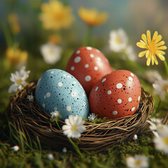 three easter eggs outside in a basket hidden in the grass. with flower in the background and it its blured