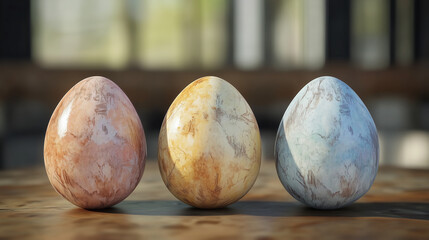 close up on pink yellow and blue easter eggs on a taple with blured background ready to hide them.