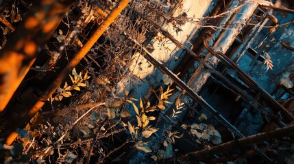 Nature Reclaiming Abandoned City Structures in Sunset Light
