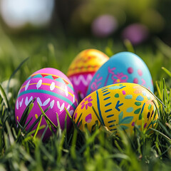 colorful easter eggs outside in the grass hidden from the kids. the eggs are hidden in the grass 