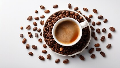 Fototapeta premium a cup of coffee with coffee beans scattered around it on a white background