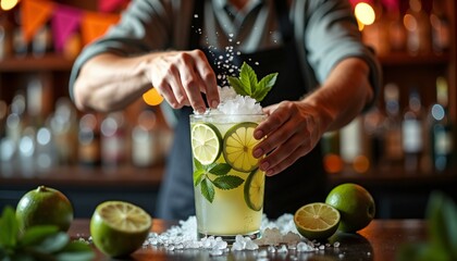 Bartender preparing refreshing cocktail with lime and mint  