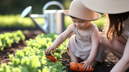Child enjoying gardening with parent in a vibrant vegetable patch  