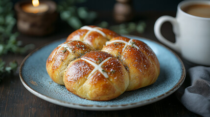 Hot cross buns with coffee for breakfast