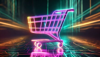 carrinho de compras neon virtual, conceito compras online, promo&ccedil;&atilde;o, mercado