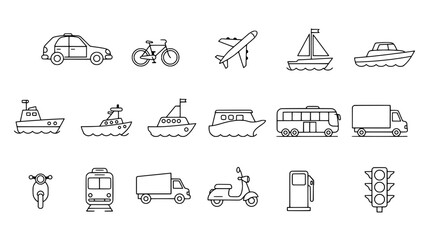 Transportation Icon Set: A comprehensive collection of stylized line art icons representing diverse modes of transportation, perfect for illustrating travel, logistics, and movement.