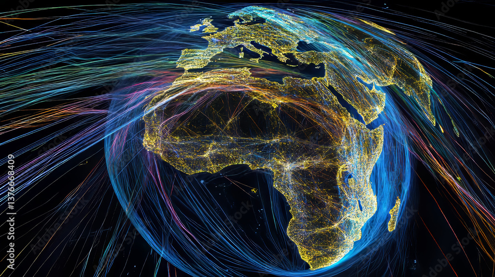 Poster global communication 3d illustration. information field of the planet earth. protection and processi