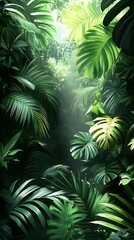 Lush Green Jungle Foliage Illuminated by Soft Light


