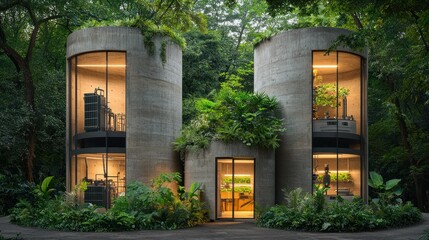Modern concrete structures nestled in lush greenery