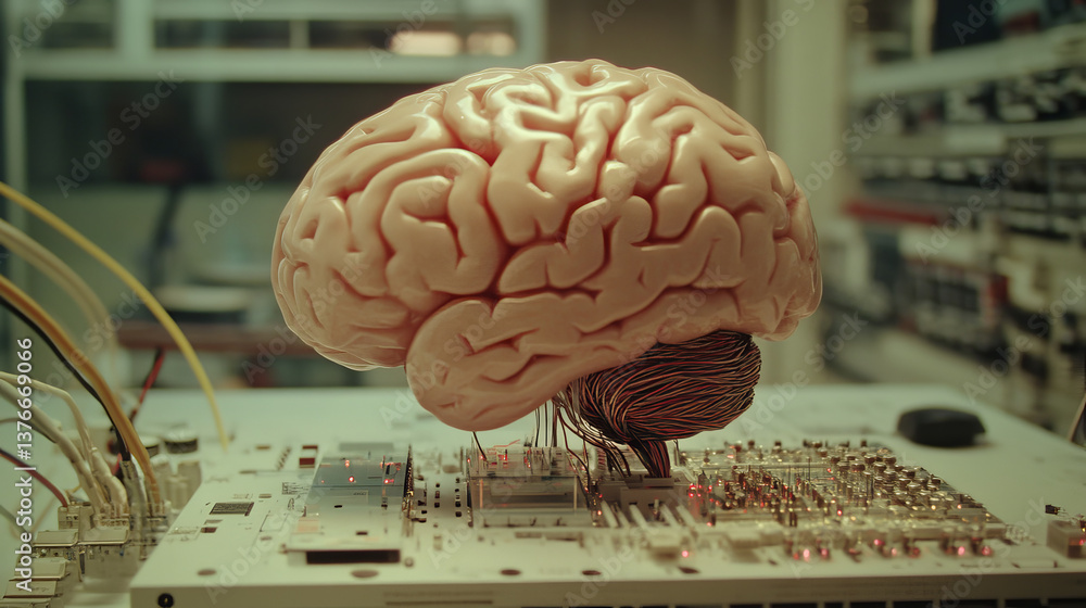 Poster digital mind, artificial intelligence, machine consciousness 3d illustration. computer brain and neu
