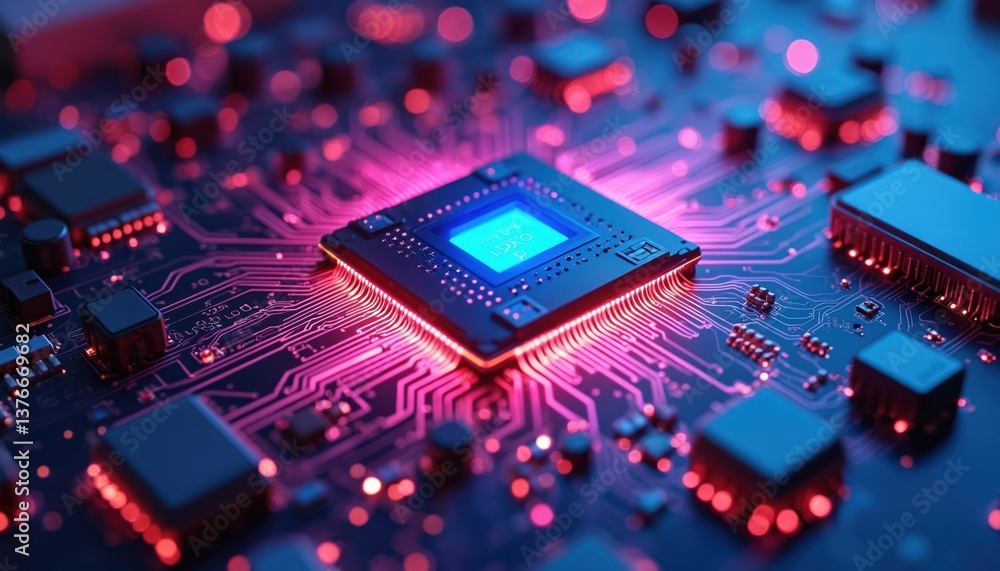 Aufkleber Glowing computer chip on circuit board. Electronic components and code lines in neon colors. Tech, digital, futuristic design, high-tech innovation, AI concept, data processing.