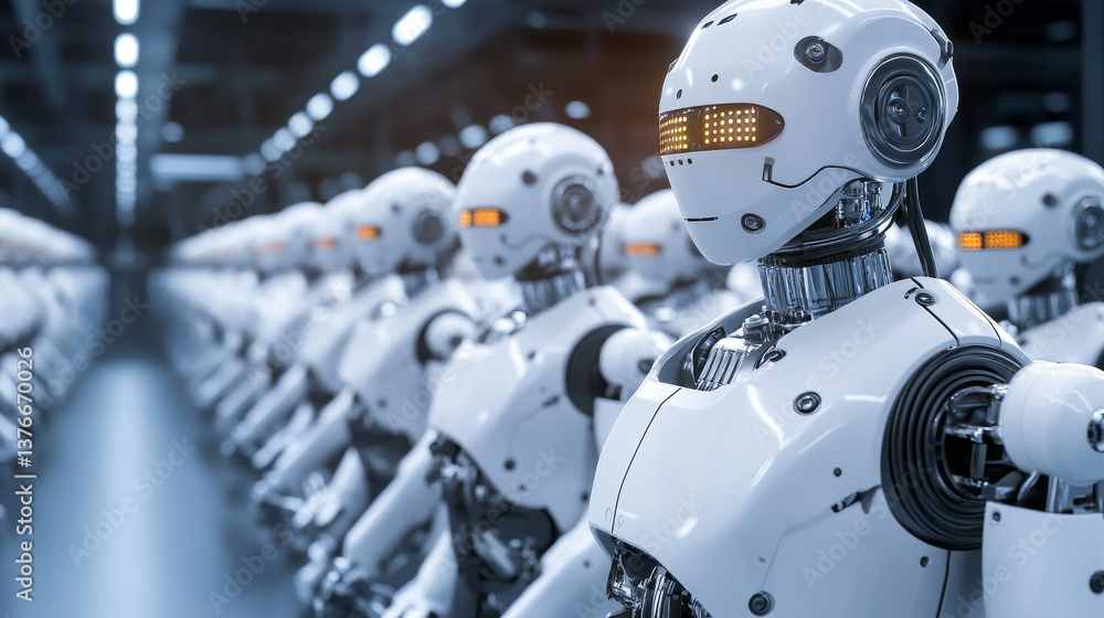 Poster mechanized industry robot and robotic arms for assembly in factory production . concept of artificia