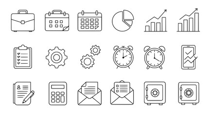 Business Icons: A clean and comprehensive set of business and finance icons, perfect for illustrating various concepts and projects. Simple outline design makes them versatile.