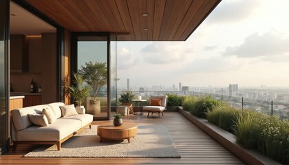 Fototapeta premium Modern penthouse interior design. Wooden balcony city view with garden, beautiful sky. Cozy living room with sofa, chair, round table, stylish decor, home furnishing. Contemporary residential real