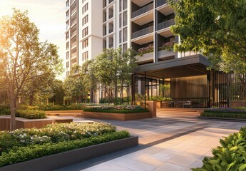 Fototapeta premium Modern apartment building with a garden and sunlight a modern residential complex for housing or living at sunset time a real estate concept Generative AI