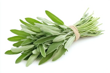 A bunch of fresh green herbs tied with natural twine