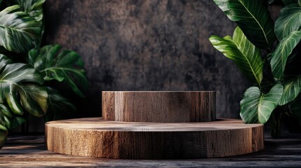 Wooden Podium with Tropical Leaves for Product Display or Presentation