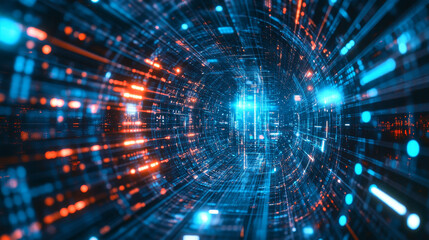 Data transfer rate and infobases. Futuristic city, orbital station, teleport, portal 3D illustration. Innovation in hi-tech industry. Bright, fresh digital background with binary code