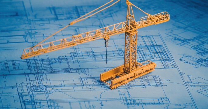Une maquette miniature d'une grue de couleur orange pos&eacute;e sur un plan, symbolisant le niveau de d&eacute;tail et de pr&eacute;cision requis dans la conception architecturale des projets de construction.