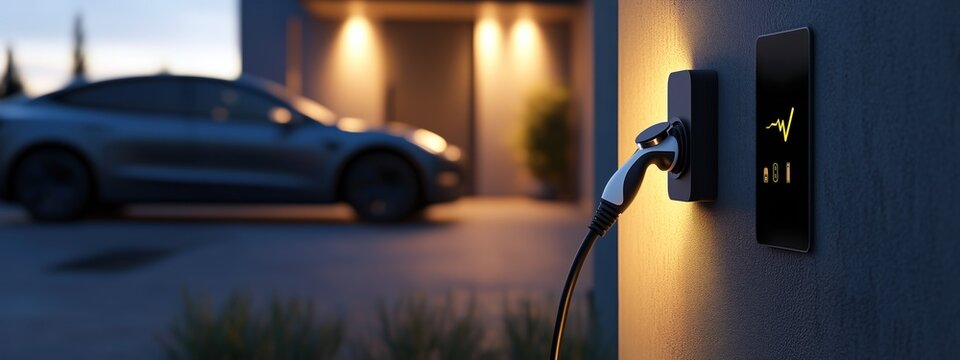 Une borne de recharge pour véhicule électrique sur le mur d'une maison moderne, avec une voiture floue en arrière-plan.